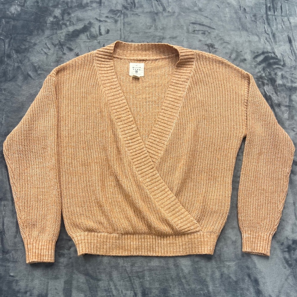 Billabong Surplice Wrap Sweater Womens Medium Tan Ribbed Knit V-Neck Boho